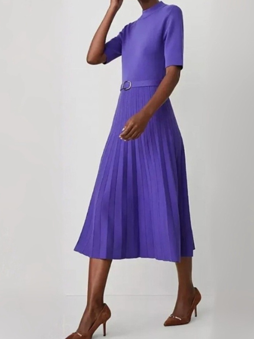 Ann Taylor Mock Neck Belted Pleated Dress in Purple Belted Knit